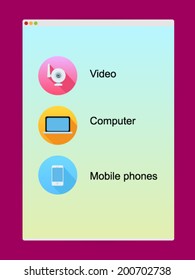 Desktop application frames with icons for electronic shop. Simple edition flat vector website template. For mobile and website design.