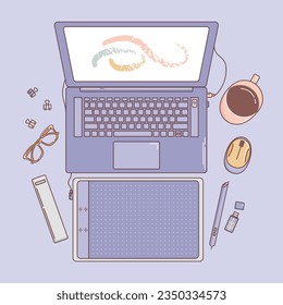 Desktop of an artist or designer, laptop, computer mouse, coffee mug, graphic tablet, binder clip, stylus, flash drive, glasses. Doodle style. Office. For stickers, posters, cards, design elements