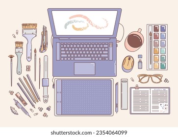 Desktop of an artist or designer, laptop, Paints and brushes, notebook, mug, graphic tablet, binder clip, stylus, flash drive, glasses. Doodle style. office. For posters, cards, design elements