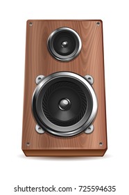 Desktop audio speaker. Wooden speaker with two dynamics. Vector illustration isolated on white background