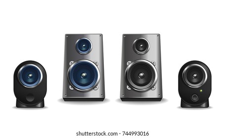 Desktop audio speakers collection of different shapes and sizes. Metal and plastic loudspeakers set. Vector illustration