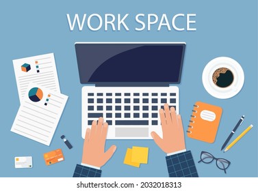 Fondo de escritorio de administración y lugar de trabajo de TI. Vista superior de una mesa, laptop, carpeta, documentos, bloc de notas, tarjeta de visita, libros, café, negocios, organización. Eps 10