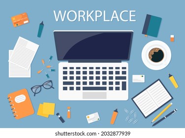Desktop background of management and IT workplace. Top view of a table, laptop, folder, documents, notepad, business card, books, coffee, business, organization Eps 10