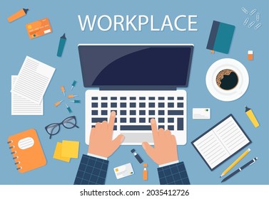 Desktop background of management and IT workplace. Top view of a table, laptop, folder, documents, notepad, business card, books, coffee, business, organization Eps 10