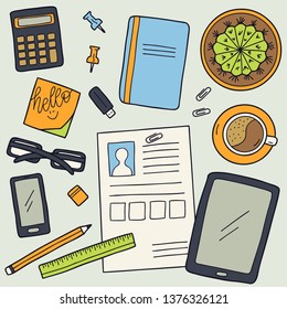 Desktop background. Top view of the document, notebook, tablet, phone, coffee. Business background, organization. Hand drawn illustration.