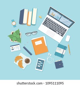 Desktop background. Top view of table with supplies laptop, books, documents, folder, notepad, headphones, glasses, wristwatch, coffee, id card. Vector illustration Top view