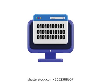 Ícone de código binário de área de trabalho conceito de renderização 3d do monitor de computador exibindo código binário ícone de teste de software ilustração vetorial