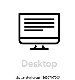 Desktop book read icon. Editable line vector. Stylized computer monitor screen element with horizontal lines of text. Single pictogram.