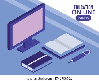 desktop and books education online tech vector illustration design