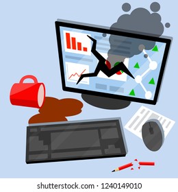 Desktop with broken monitor screen with smoke, spilled red coffee mug, Keyboard, mouse, documents, broken pencil. Stress at work in office.Business graphics.Broken equipment. Cartoon flat illustration