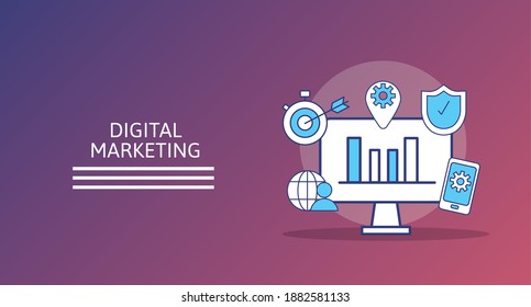 escritorio y conjunto de iconos de conjunto digital de marketing diseño de ilustración vectorial