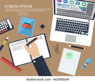 Desktop business man with place for your text. Flat background. Vector illustration