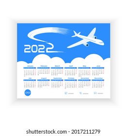 Desktop Calendar 2022. Travel, voyage concept. Simple, horizontal calendar template with flying airplane on blue sky. Calendar design 2022 year in English. Week starts from Monday. Vector illustration