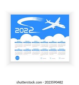 Desktop Calendar 2022. Travel, voyage concept. Simple, horizontal calendar template with flying airplane on blue sky. Calendar design 2022 year in English. Week starts from Sunday. Vector illustration