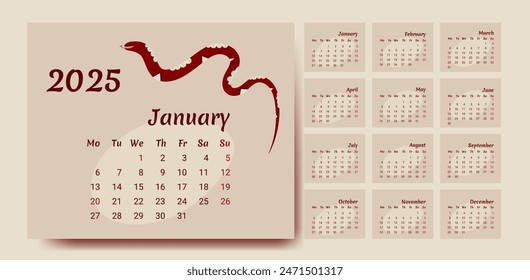 The desktop calendar of 2025.The snake calendar for 2025. 12 months of 2025.
