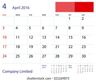 Desktop calendar April 2016 template. Paper size 204 mm x 159 mm.