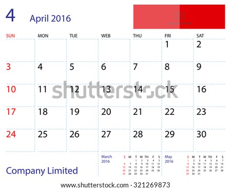 Desktop calendar April 2016 template. Paper size 204 mm x 159 mm.