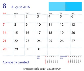 Desktop calendar August 2016 template. Paper size 204 mm x 159 mm.