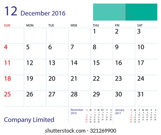 Desktop calendar December 2016 template. Paper size 204 mm x 159 mm.