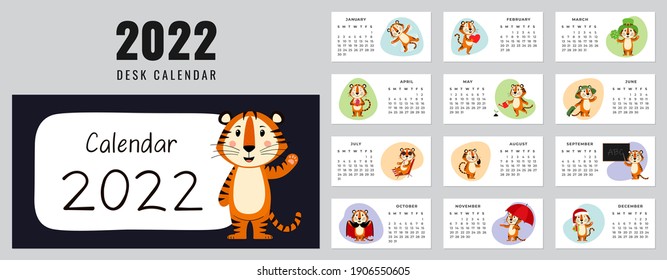 Desktop calendar design template for 2022, the year of the Tiger according to the Chinese calendar. Set of 12 pages and cover with a cute Tiger. Vector stock flat illustration.