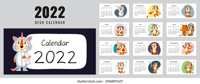 Desktop calendar design template for 2022, the year of Tiger according to Chinese calendar. Week starts on Sunday. Set of 12 pages and cover with cute Tiger. Vector stock flat illustration