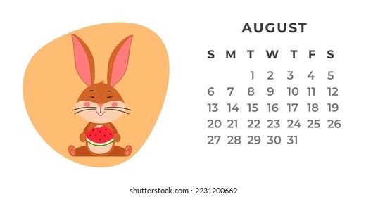 Desktop-Kalender-Design-Vorlage für August 2023, das Jahr des Kaninchens oder Bunny nach dem chinesischen Kalender. Stockflache Vektorgrafik.
