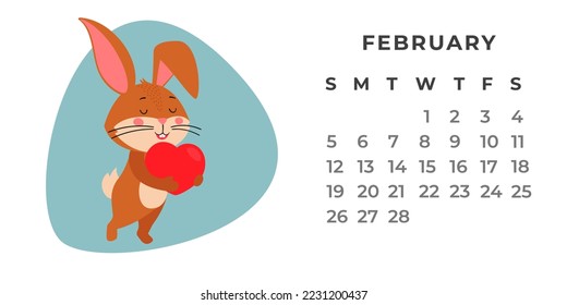 Desktop calendar design template for February 2023, the year of the Rabbit or bunny according to the Chinese calendar. Vector stock flat illustration.