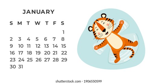 Desktop calendar design template for January 2022, the year of the Tiger according to the Chinese calendar. Vector stock flat illustration.