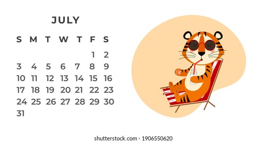 Desktop calendar design template for July 2022, the year of the Tiger according to the Chinese calendar. Vector stock flat illustration.