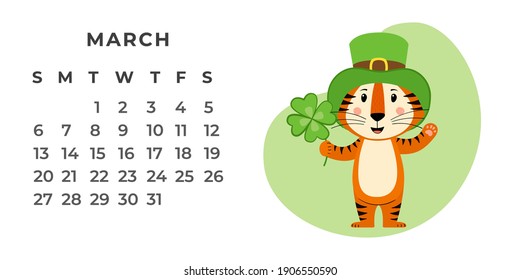 Desktop calendar design template for March 2022, the year of the Tiger according to the Chinese calendar. Vector stock flat illustration.