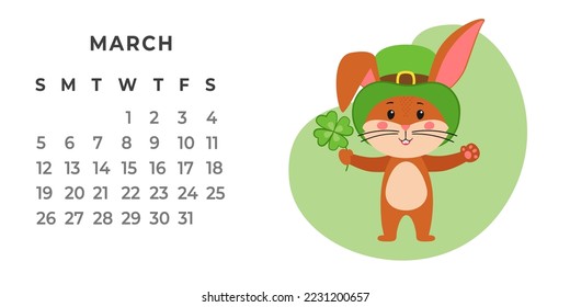 Desktop calendar design template for March 2023, the year of the Rabbit or bunny according to the Chinese calendar. Vector stock flat illustration.