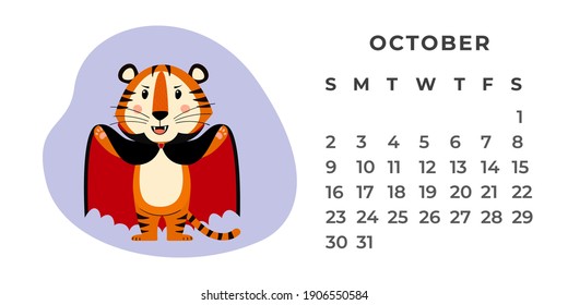 Desktop calendar design template for October 2022, the year of the Tiger according to the Chinese calendar. Vector stock flat illustration.