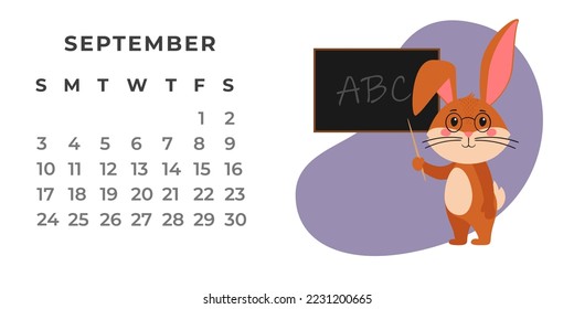 Desktop calendar design template for September 2023, the year of the Rabbit or bunny according to the Chinese calendar. Vector stock flat illustration.