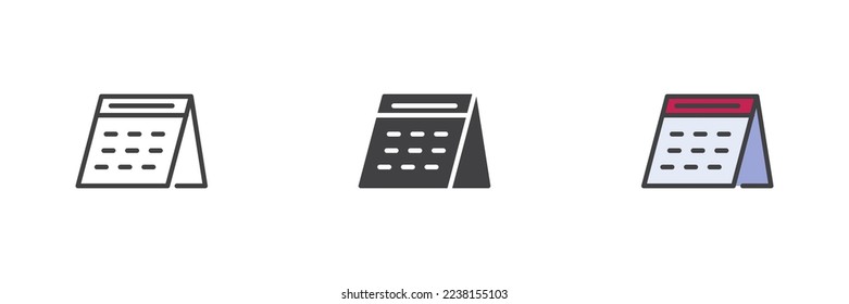Juego de iconos de estilos diferentes para el calendario de escritorio. Línea, glifo y contorno relleno versión colorida, contorno y signo vectorial relleno. Símbolo, ilustración del logotipo. Gráficos vectoriales