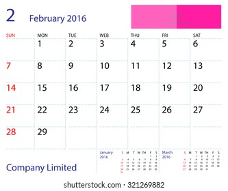 Desktop calendar February 2016 template. Paper size 204 mm x 159 mm.