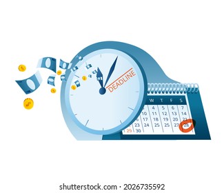 A desktop calendar with an indication of the deadline and the clock from which the money is flying. Vector illustration on the topic of time management and money loss.