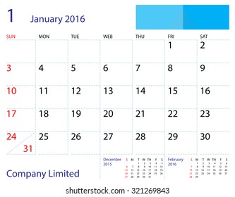 Desktop calendar January 2016 template. Paper size 204 mm x 159 mm.