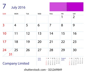 Desktop Calendar July 2016 Template. Paper Size 204 Mm X 159 Mm.