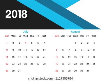
Desktop calendar July & August 2018 with editable file