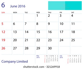 Desktop calendar June 2016 template. Paper size 204 mm x 159 mm.