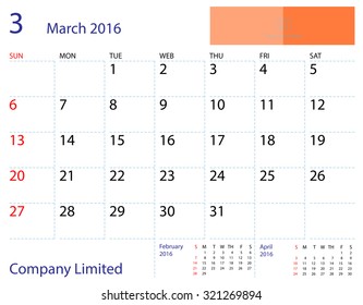 Desktop calendar March 2016 template. Paper size 204 mm x 159 mm.