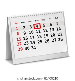 Desktop calendar with a marked date. Vector.
