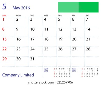 Desktop calendar May 2016 template. Paper size 204 mm x 159 mm.