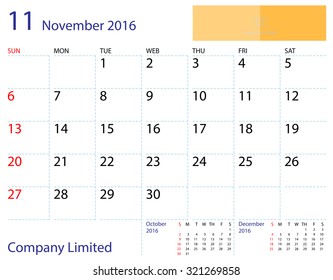 Desktop calendar November 2016 template. Paper size 204 mm x 159 mm.