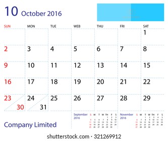 Desktop calendar October 2016 template. Paper size 204 mm x 159 mm.