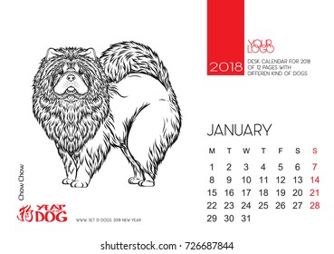 The desktop calendar page for 2018 with the image of a dog, a symbol of the Chinese horoscope for 2018.