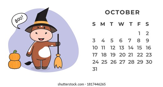 Desktop calendar page for October 2021. The ox is a symbol of the year 2021 according to the Eastern or Chinese calendar. Vector stock, ready-to-print template.