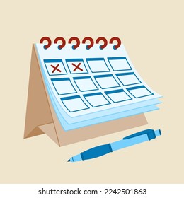 Desktop calendar with pen. Hand drawn color vector illustration isolated on light background in flat cartoon style.