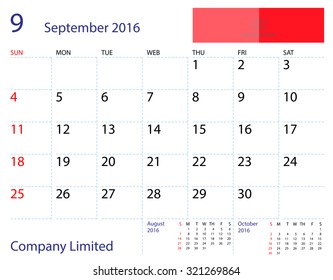 Desktop calendar September 2016 template. Paper size 204 mm x 159 mm.