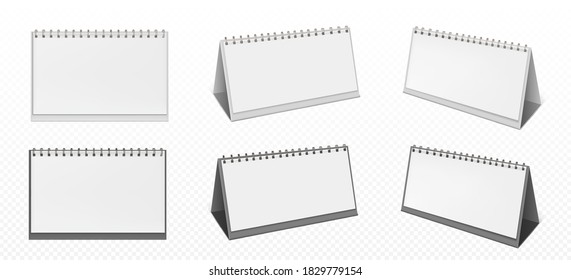 Calendario de escritorio con páginas en espiral y en blanco aisladas en fondo transparente. Modelación vectorial realista de la calénder de papel blanco, el planificador de oficinas o el bloc de notas sobre la mesa